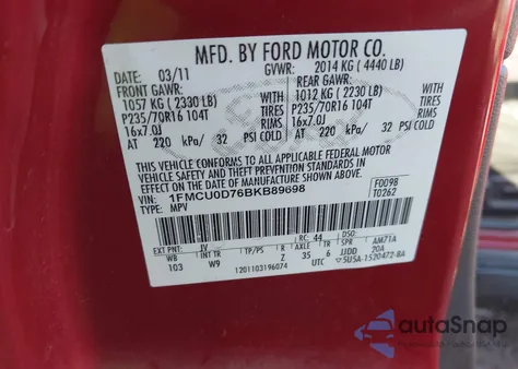 2011 Ford Escape Xlt z USA, uszkodzony, nr VIN 1FMCU0D76BKB89698